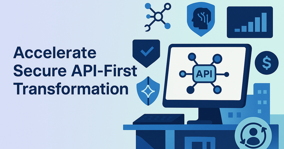 Vector showing API-first architecture trends: event gateways, AI governance, Kubernetes, and zero-trust, in a secure IT setting.